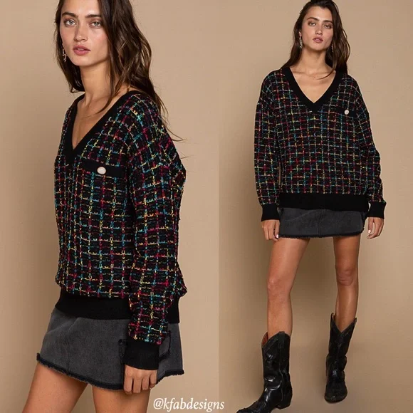 POL! LAST! Stunning On Trend Black w/Multicolor Tweed Front/Back V Neck Sweater - Picture 3 of 7